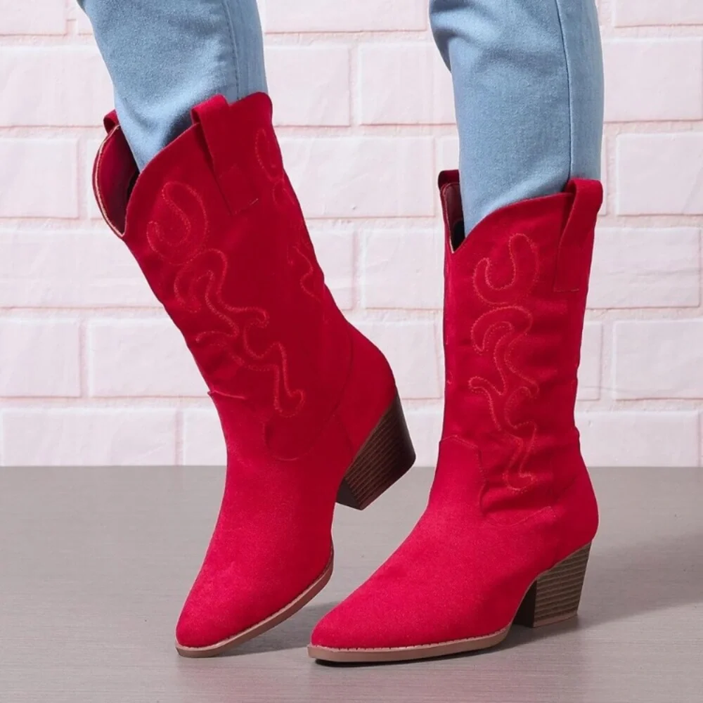 Women Red Suede Mid Calf Chunky Block Heel Western Embroidered Cowgirl Boot - Picture 7 of 8